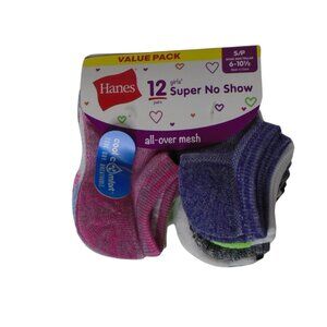 Hanes Girls Super No Show Socks 12 Pairs Pack Asst Colors Size SM 6-10 Shoe Size